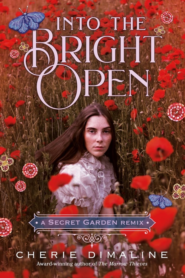 A book cover showing a field with flowers and a young woman wearing a white dress sitting in the field and looking into the camera. 