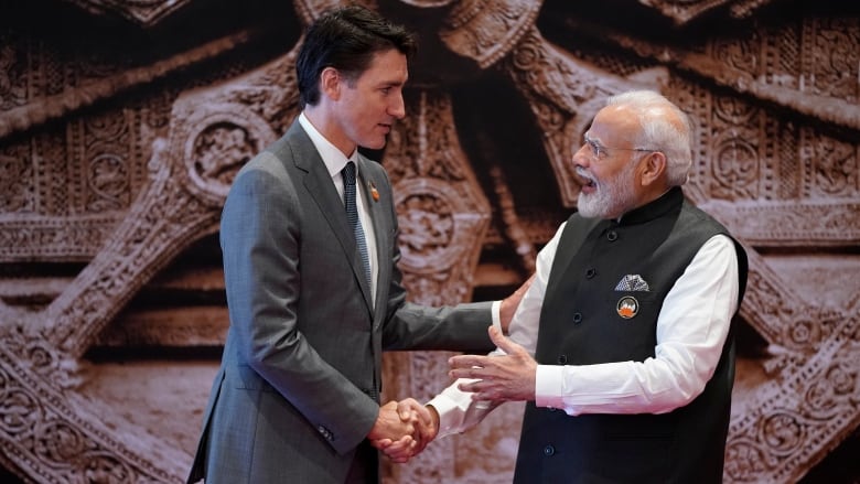 Indian Prime Minister Narendra Modi welcomes Canada Prime Minister Justin Trudeau upon his arrival at Bharat Mandapam convention center for the G20 Summit, in New Delhi, India, Saturday, Sept. 9, 2023.