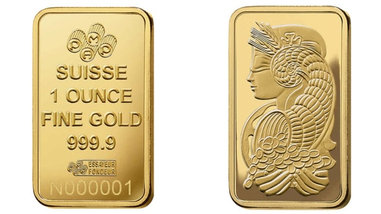 A composite image, showing both sides of a gold bar. One side lists the weight and serial number; the other shows an image of a woman and a cornucopia filled with coins.