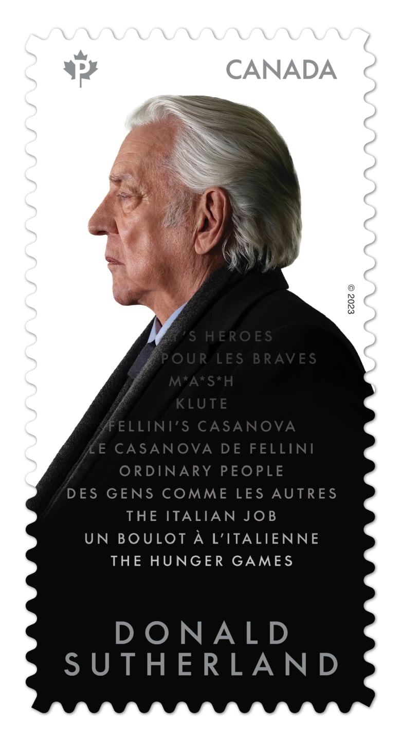 An image of a postal stamp that features a man's photo and a list of films.