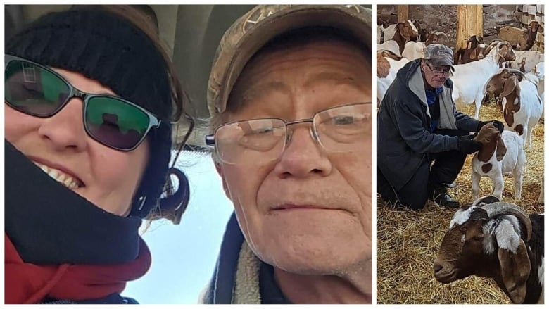 A duo of images. On left, a woman in sunglasses smiles in a tractor next to an older man in glasses. On the right, the same man kneels beside a number of goats.