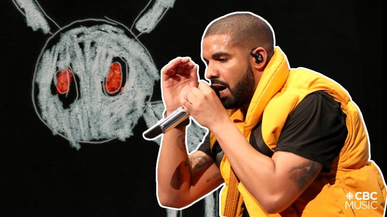 Toronto rapper Drake wearing a yellow puffer vest performing. The background is the album cover of his album, For All the Dogs.
