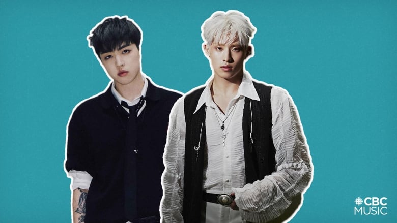 Two South Korean Canadian singers stand facing the camera on a light blue background. Junny, on the left, has short black hair and a mostly black outfit on, and Keeho, on the right, is wearing a flouncy white blouse with a black vest and has short, white hair.