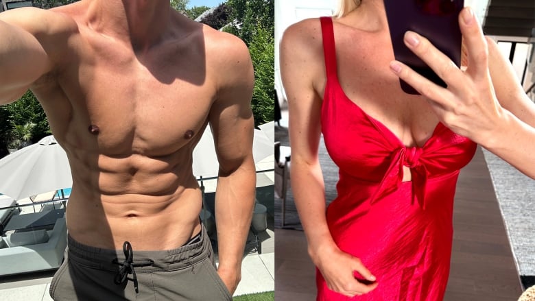 A combined image of two selfies. Left, a neck-down selfie of a muscley male without a shirt on. On the right, a neck-down image of a woman in a revealing red dress.