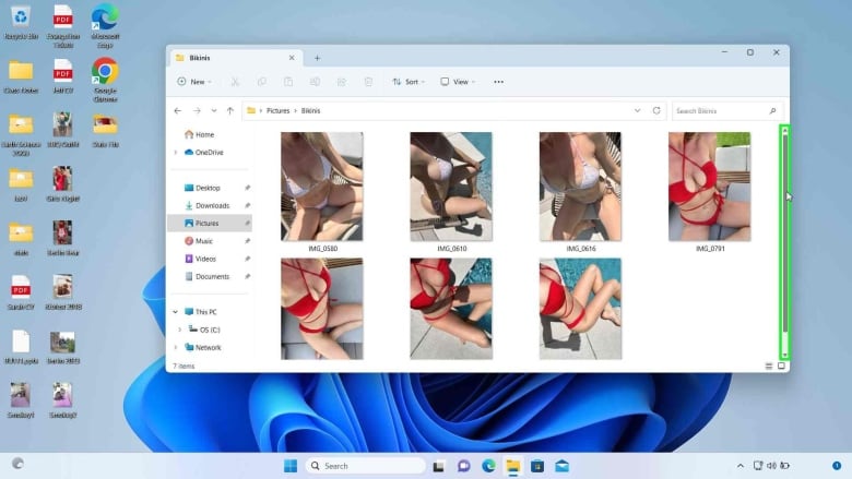 A screencapture of a desktop with the images folder open. The images folder is filled with neck-down selfies of a woman in various bikinis. 