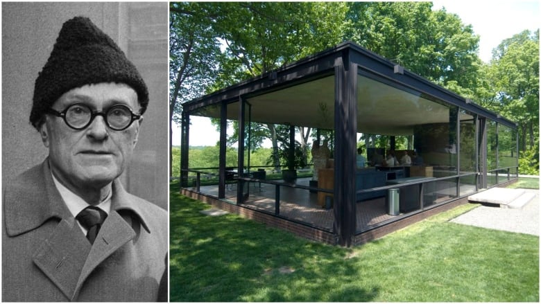 On the left, a black-and-white headshot of Philip Johnson. On the right, his building The Glass House.