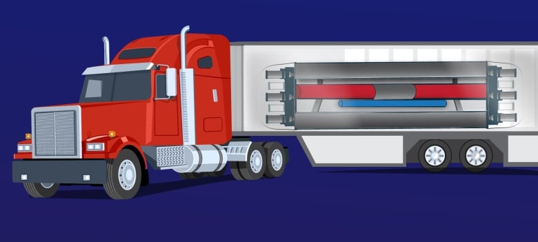 An illustration of a transport truck. Inside the body of a truck is a long, tubular object.