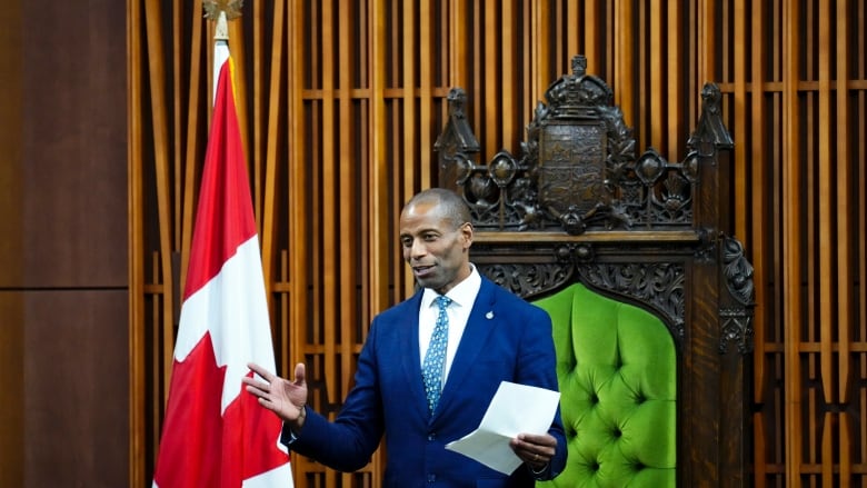 Newly elected Speaker of the House of Commons Greg Fergus speaks from his chair in the House of Commons on Parliament Hill in Ottawa on Tuesday, Oct. 3, 2023.