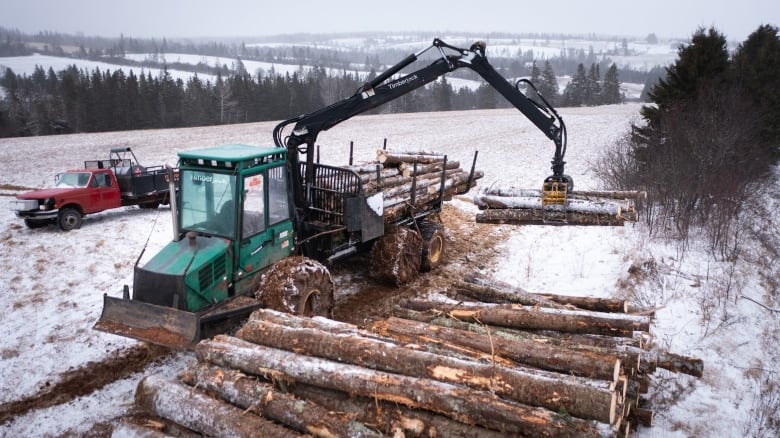A machine lowers logs onto a pile on a snowy field. 